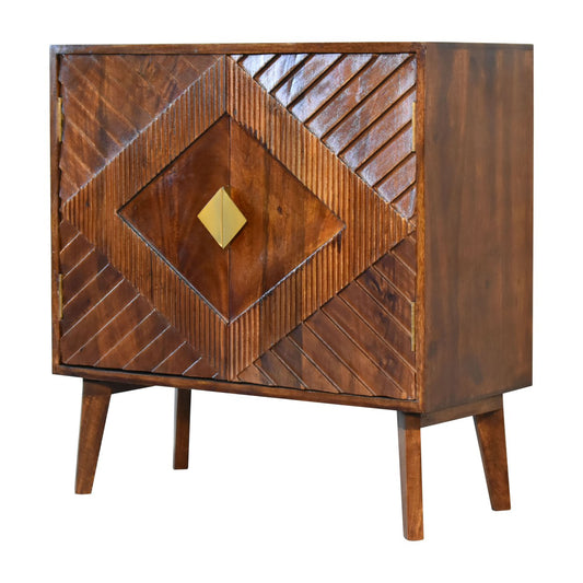 Alma 2 Door Cabinet Brass Inlay Solid Mango Wood Small Cupboard Nordic Style Chestnut Finish - CasaFenix