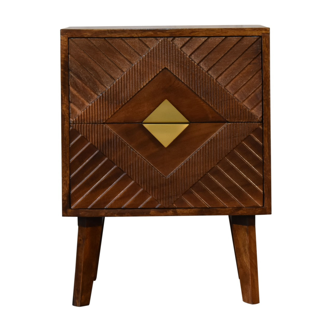 Alma Bedside 2 Drawer Chest Solid Mango Wood & Brass Inlay in a Chestnut Finish - CasaFenix