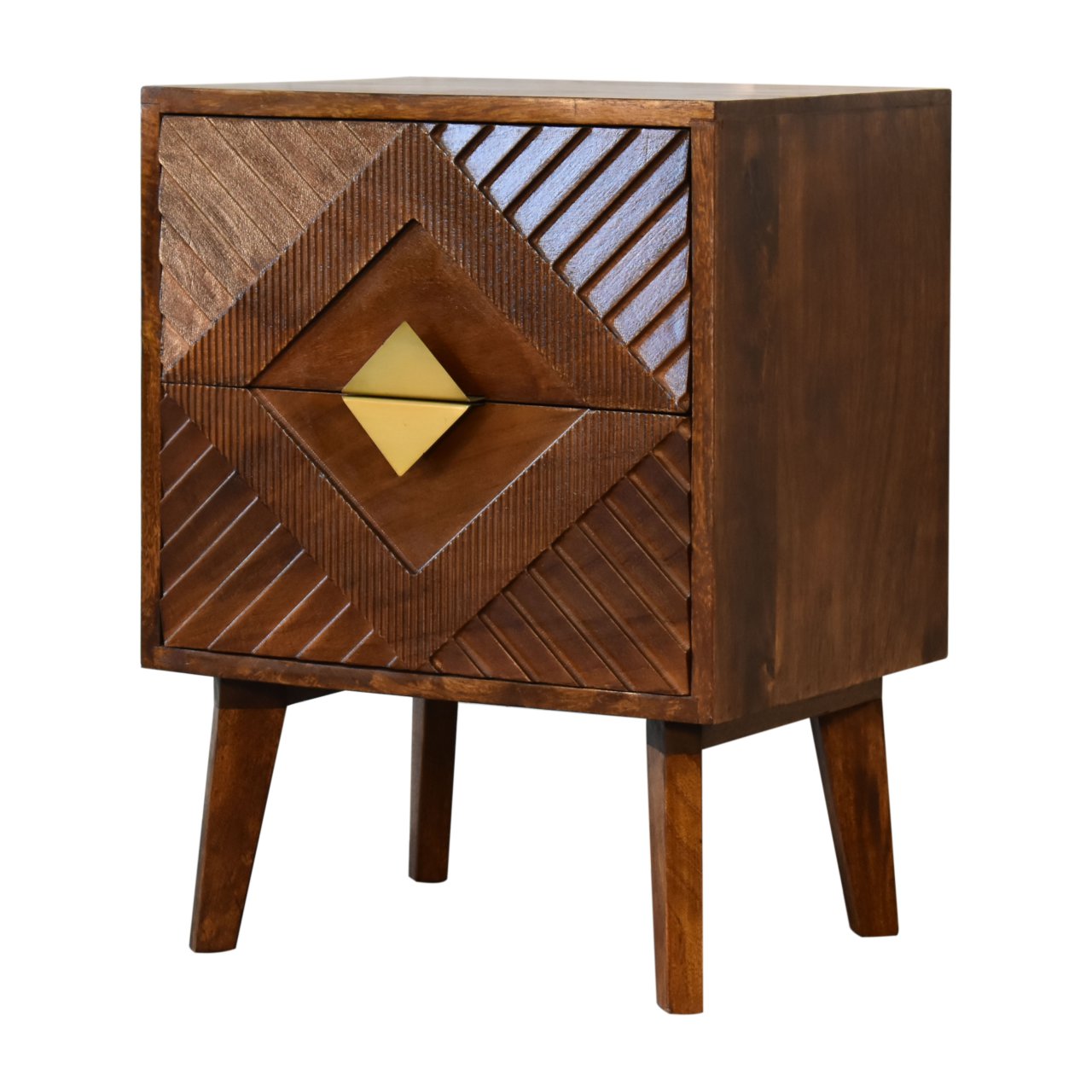 Alma Bedside 2 Drawer Chest Solid Mango Wood & Brass Inlay in a Chestnut Finish - CasaFenix