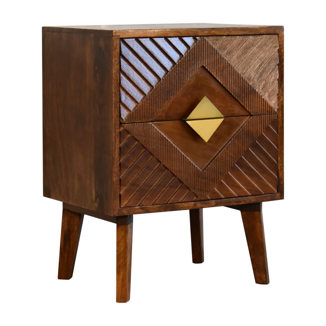 Alma Bedside 2 Drawer Chest Solid Mango Wood & Brass Inlay in a Chestnut Finish - CasaFenix