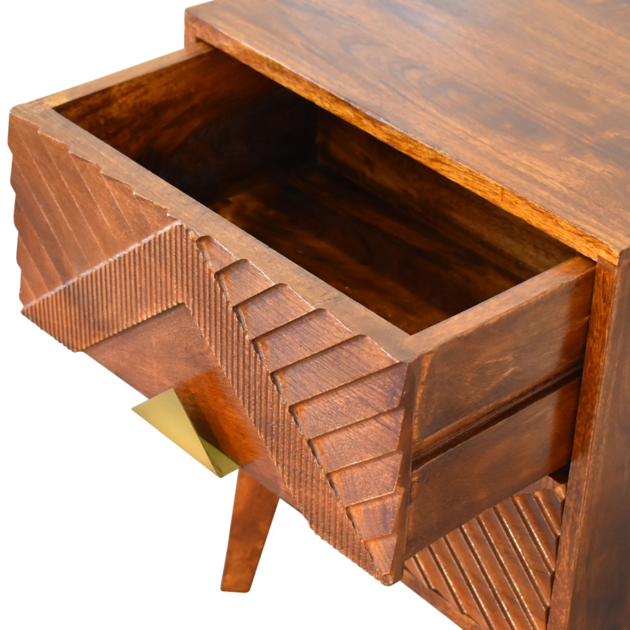 Alma Bedside 2 Drawer Chest Solid Mango Wood & Brass Inlay in a Chestnut Finish - CasaFenix