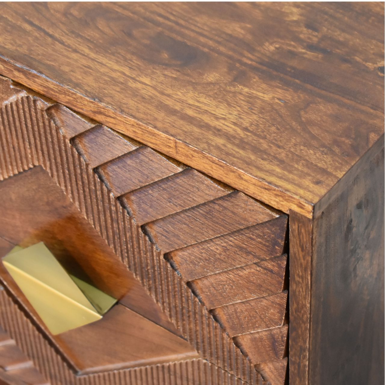 Alma Bedside 2 Drawer Chest Solid Mango Wood & Brass Inlay in a Chestnut Finish - CasaFenix