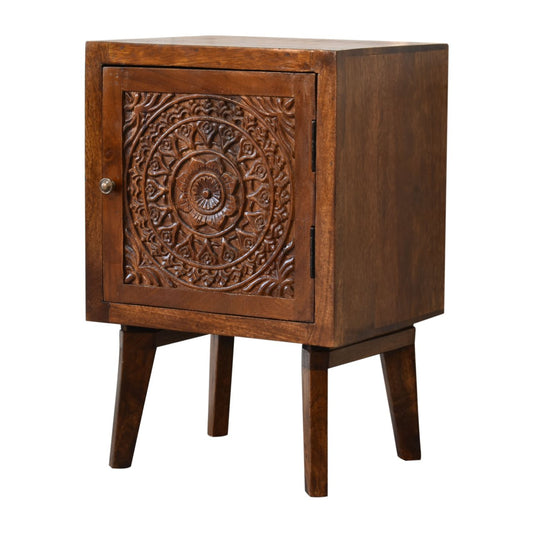 Tova 1 Door Bedside Table Carved Mango Wood in a Chestnut Finish - CasaFenix