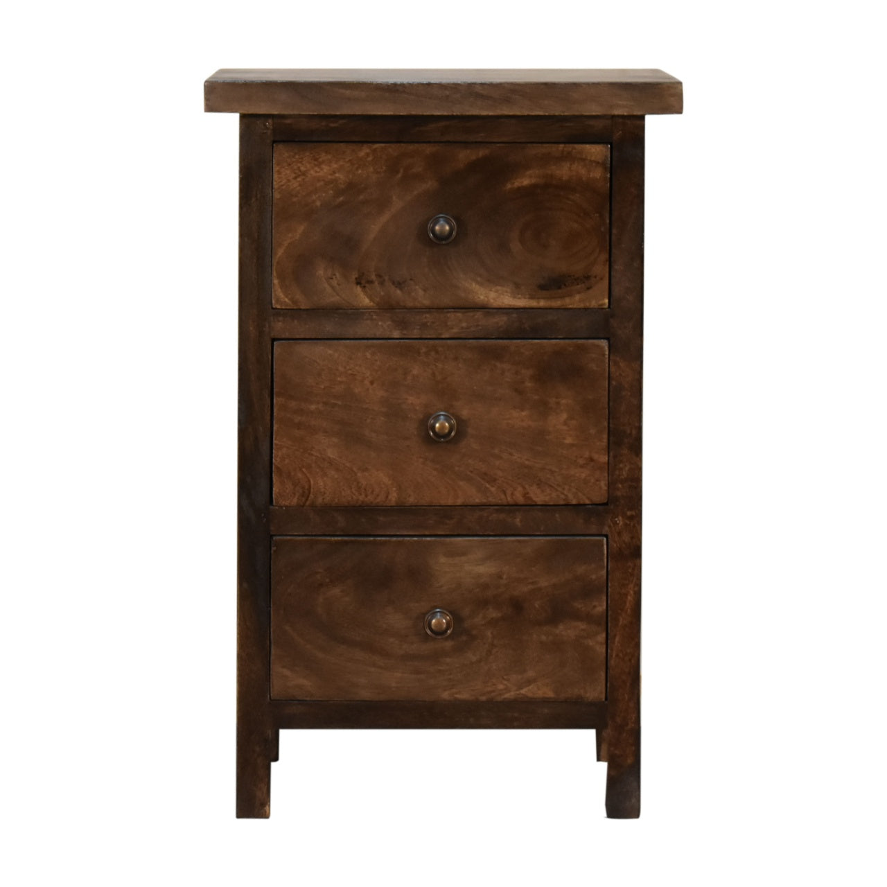 Chestnut Country Style Bedside Chest with 3 Drawers Dark Grey Finish Over Mango Wood - CasaFenix