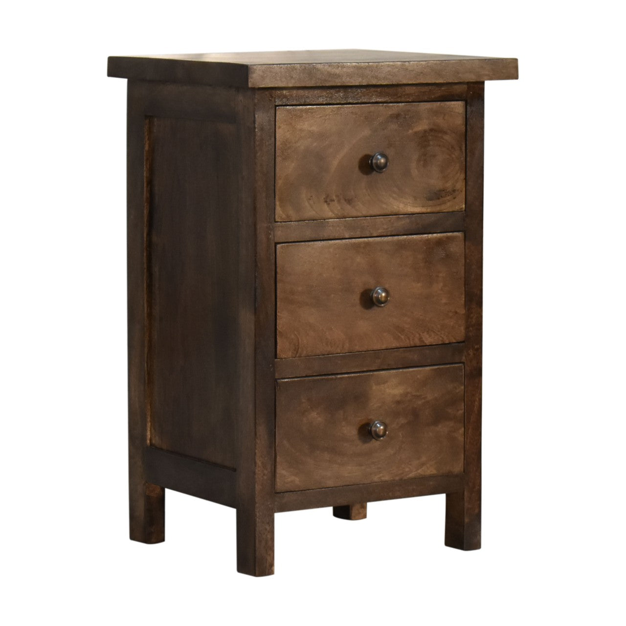 Chestnut Country Style Bedside Chest with 3 Drawers Dark Grey Finish Over Mango Wood - CasaFenix