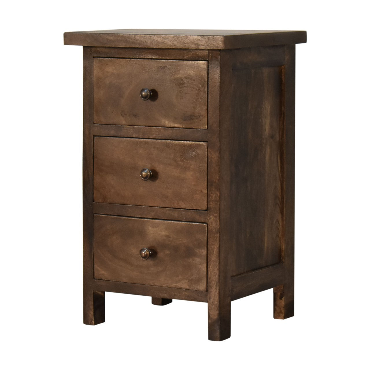 Chestnut Country Style Bedside Chest with 3 Drawers Dark Grey Finish Over Mango Wood - CasaFenix