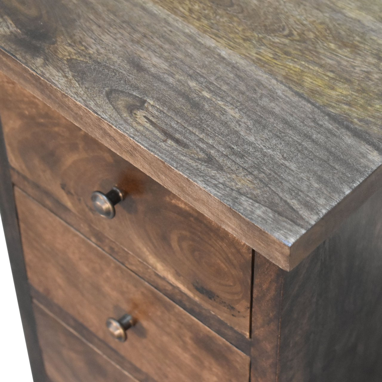 Chestnut Country Style Bedside Chest with 3 Drawers Dark Grey Finish Over Mango Wood - CasaFenix