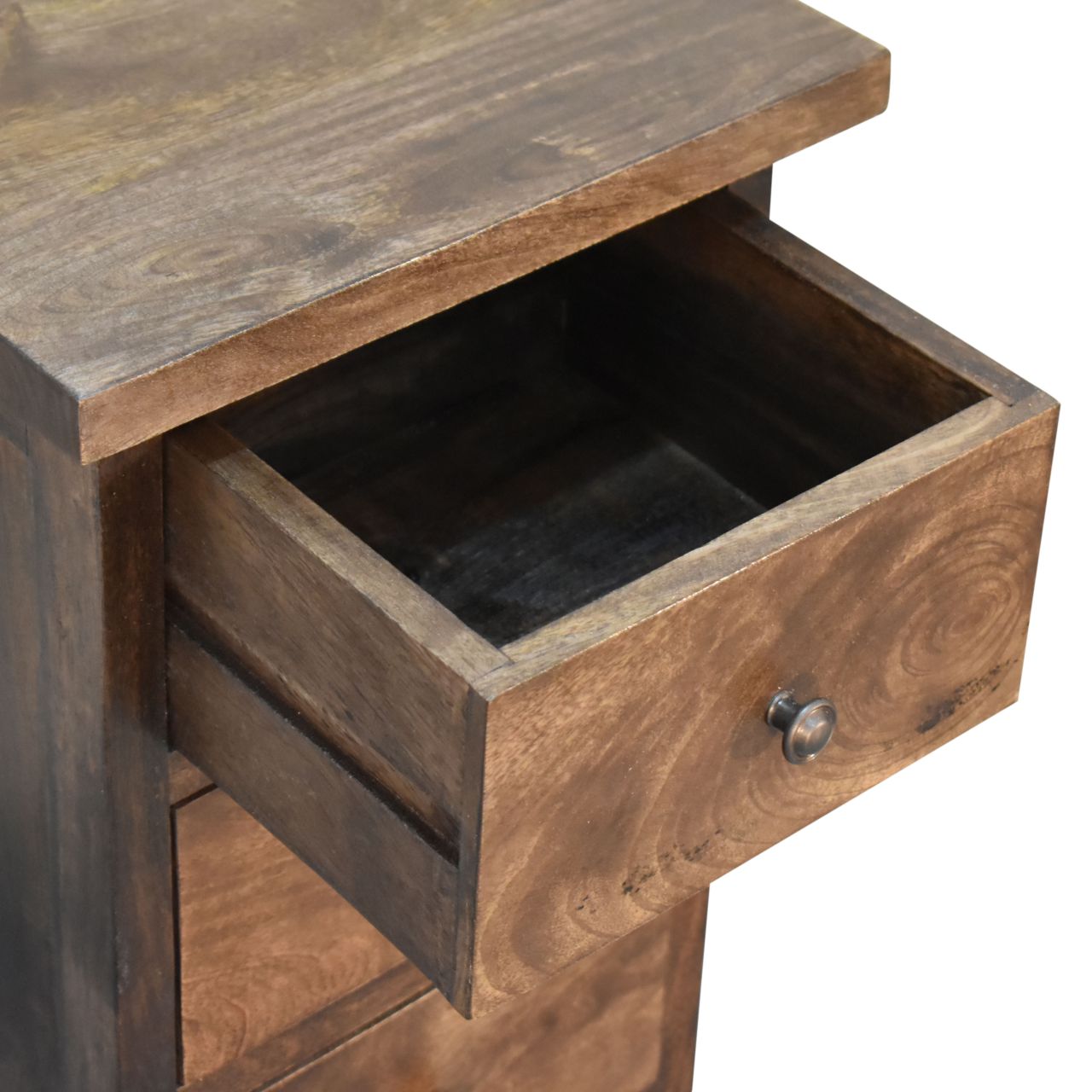 Chestnut Country Style Bedside Chest with 3 Drawers Dark Grey Finish Over Mango Wood - CasaFenix