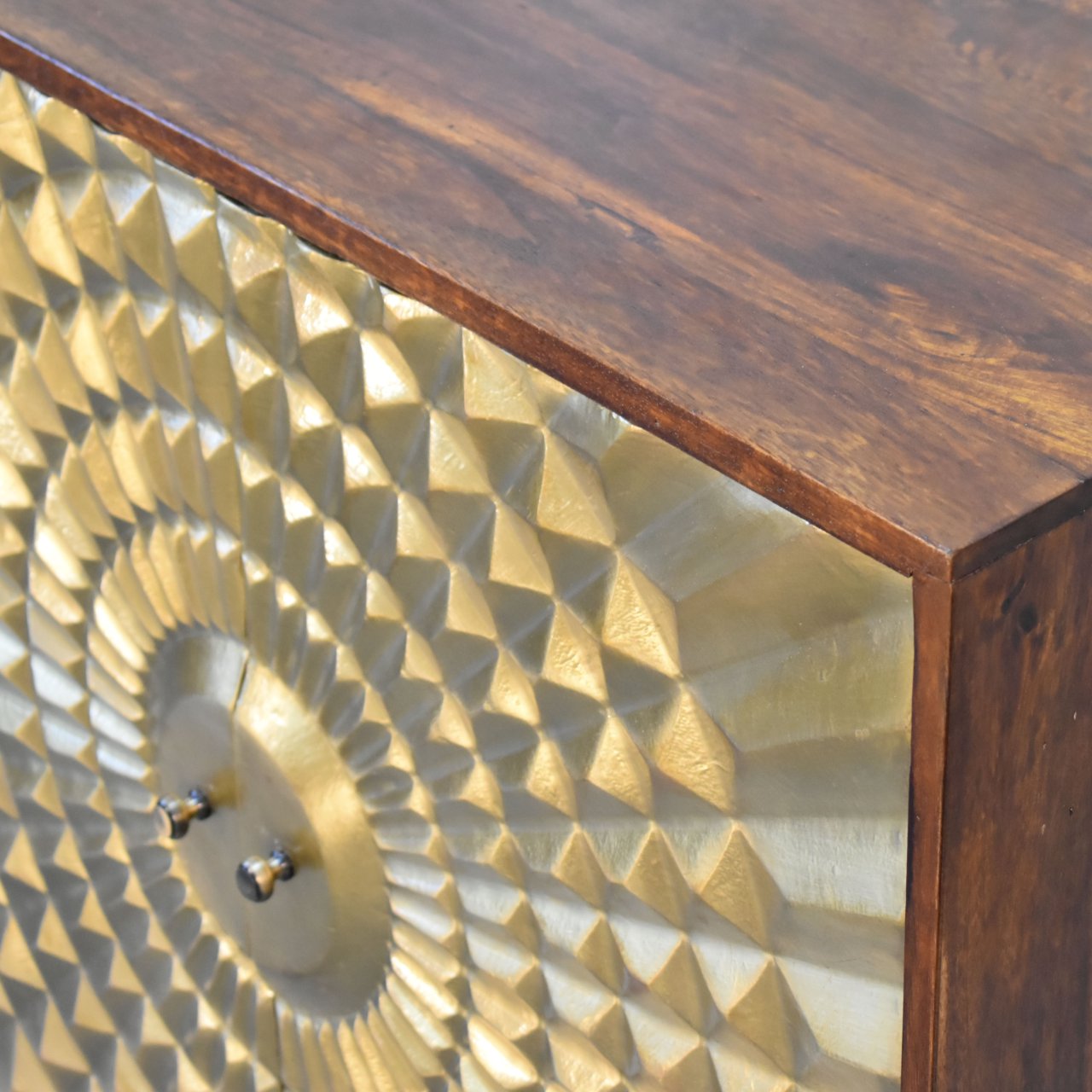Eden 2 Door Gold Brass Fronted Cabinet Solid Mango Wood with a Chestnut - CasaFenix