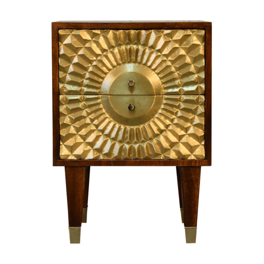 Eden Bedside Table 2 Drawer Chest Gold Brass Front over Solid Mango Wood Chestnut Finish - CasaFenix