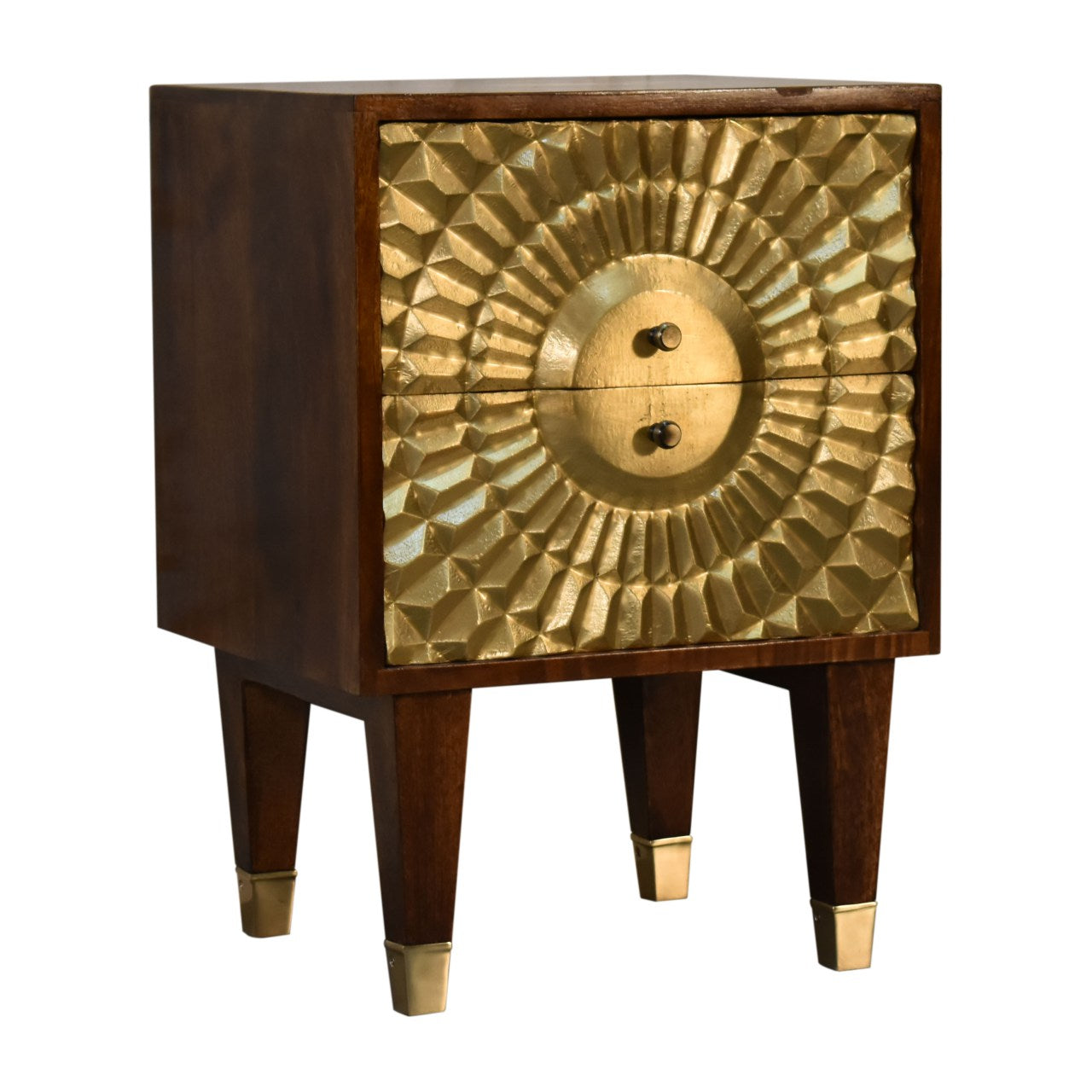 Eden Bedside Table 2 Drawer Chest Gold Brass Front over Solid Mango Wood Chestnut Finish - CasaFenix