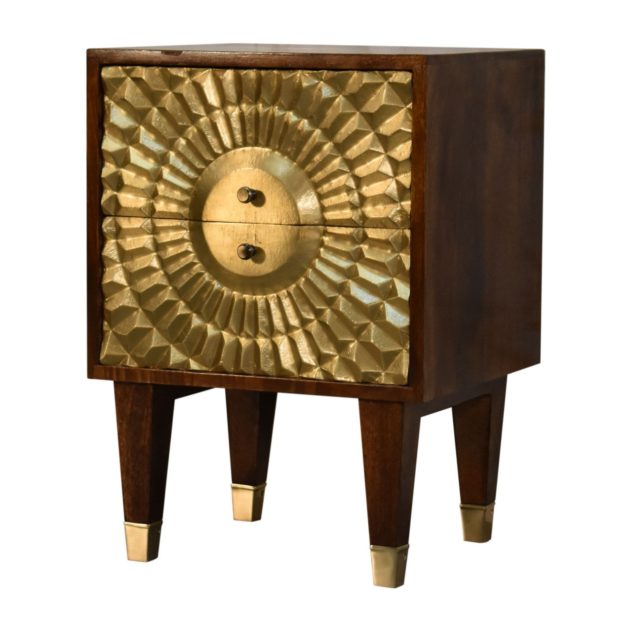 Eden Bedside Table 2 Drawer Chest Gold Brass Front over Solid Mango Wood Chestnut Finish - CasaFenix