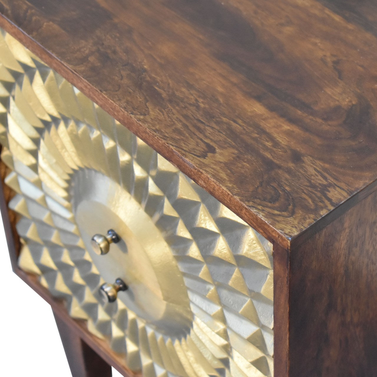 Eden Bedside Table 2 Drawer Chest Gold Brass Front over Solid Mango Wood Chestnut Finish - CasaFenix