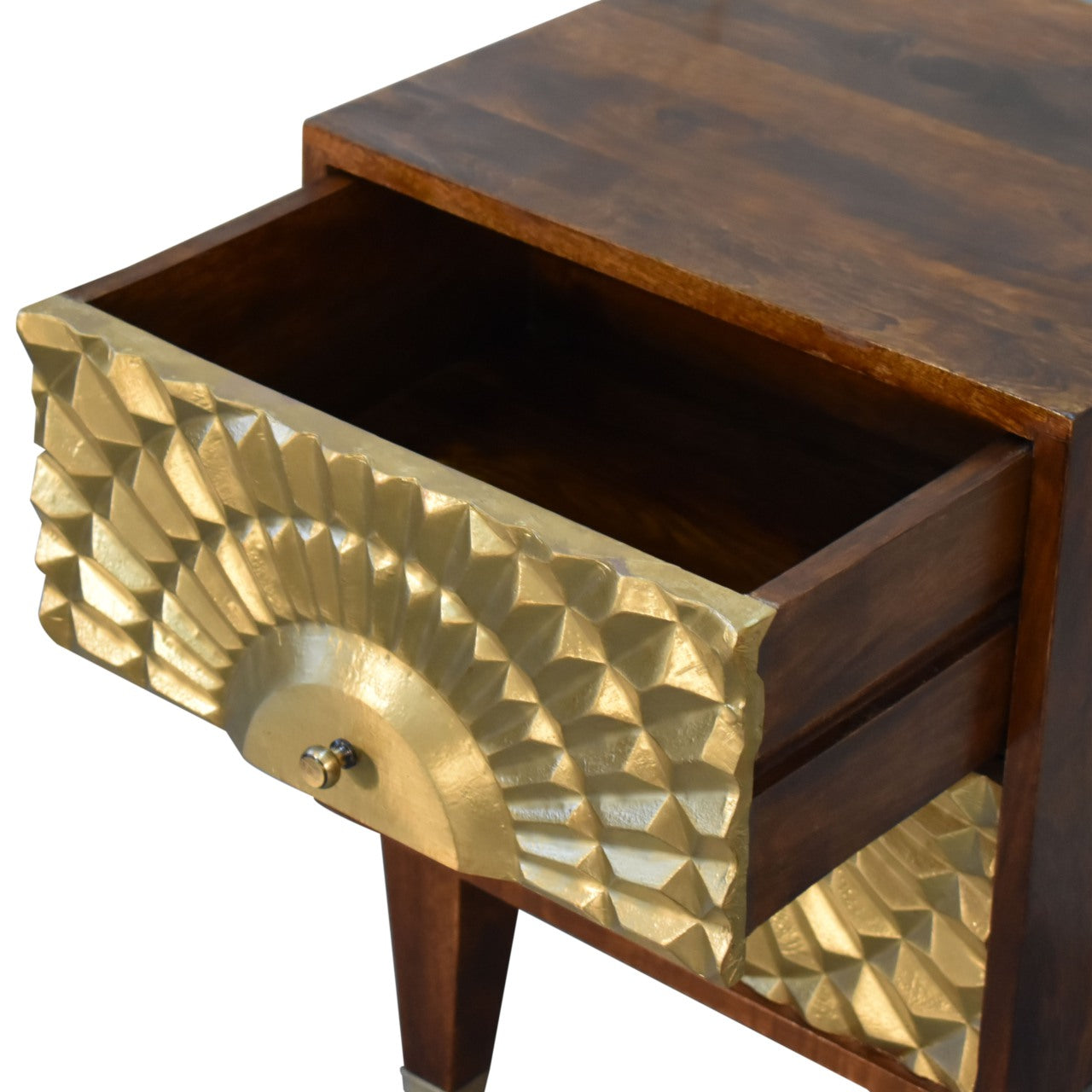 Eden Bedside Table 2 Drawer Chest Gold Brass Front over Solid Mango Wood Chestnut Finish - CasaFenix