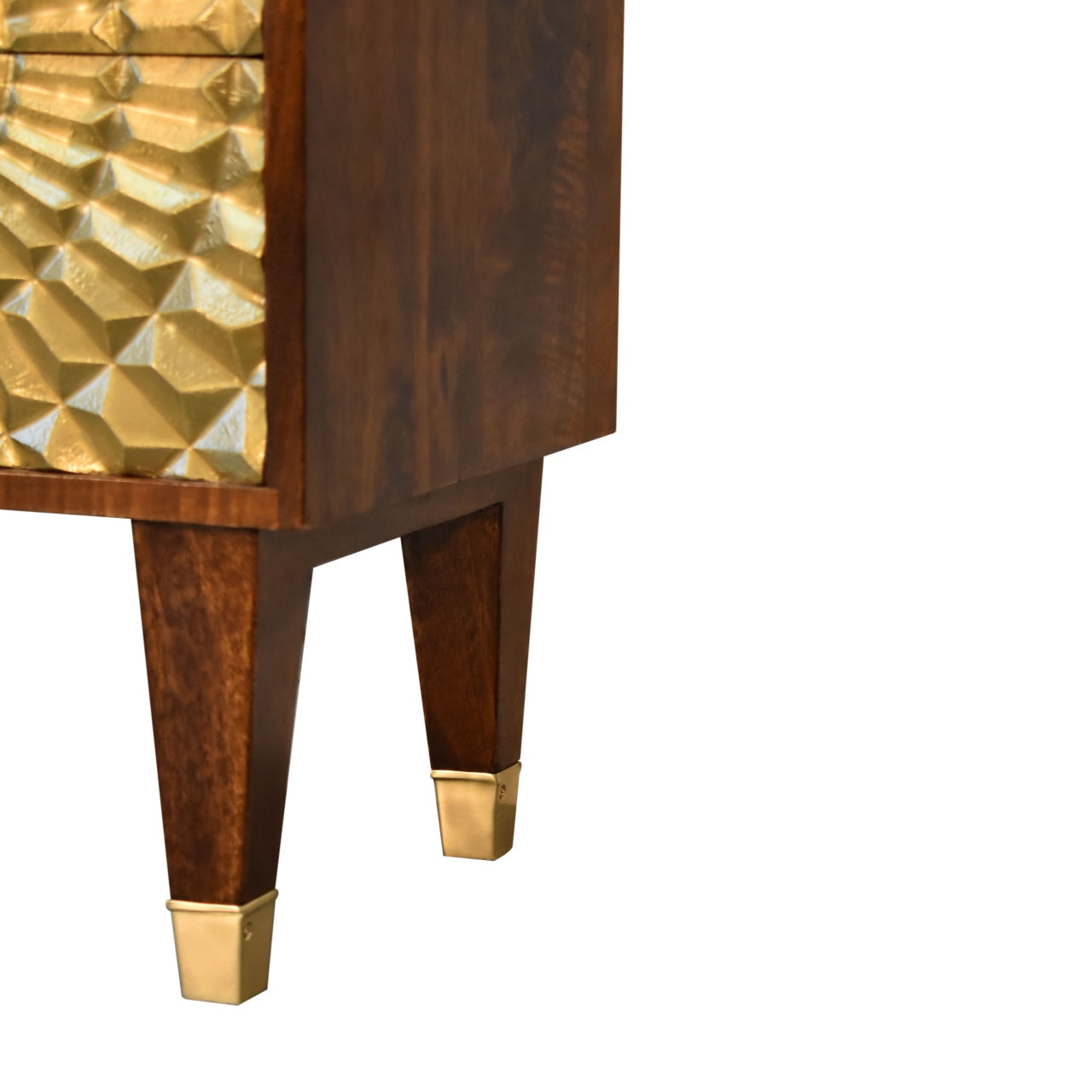 Eden Bedside Table 2 Drawer Chest Gold Brass Front over Solid Mango Wood Chestnut Finish - CasaFenix