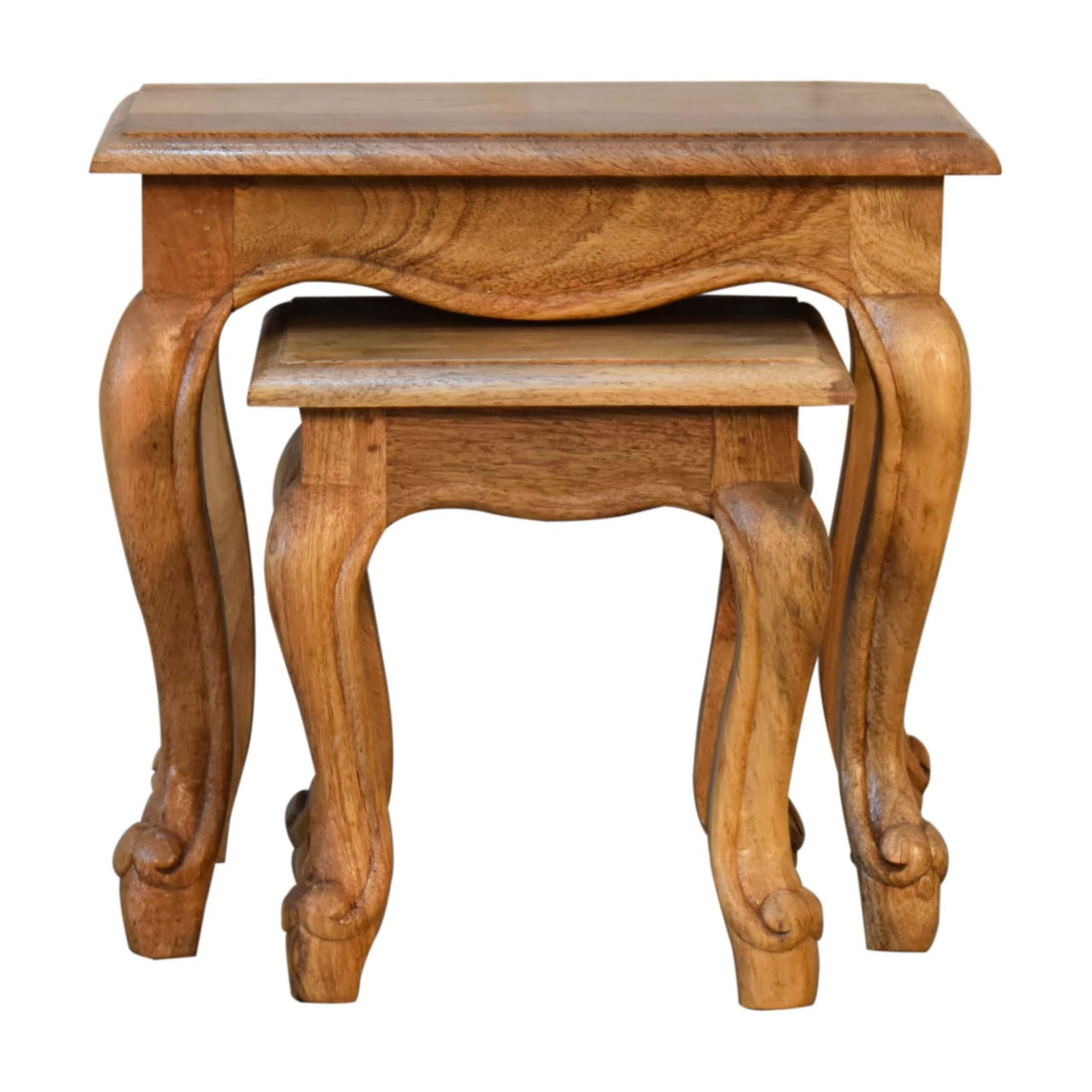 Oak-ish French Style 2 Stool Set Two Small Solid Mang Wood Tables - CasaFenix