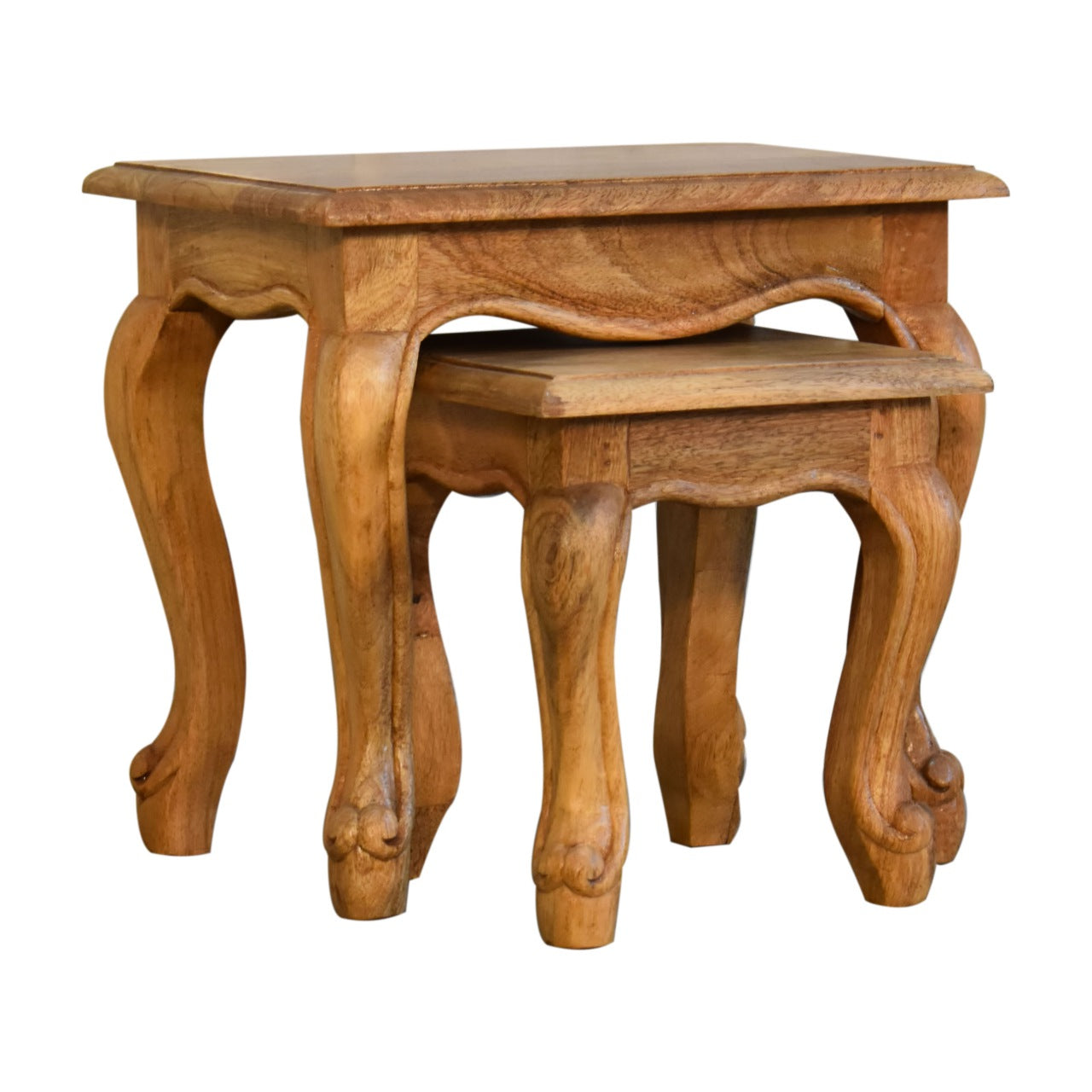 Oak-ish French Style 2 Stool Set Two Small Solid Mang Wood Tables - CasaFenix