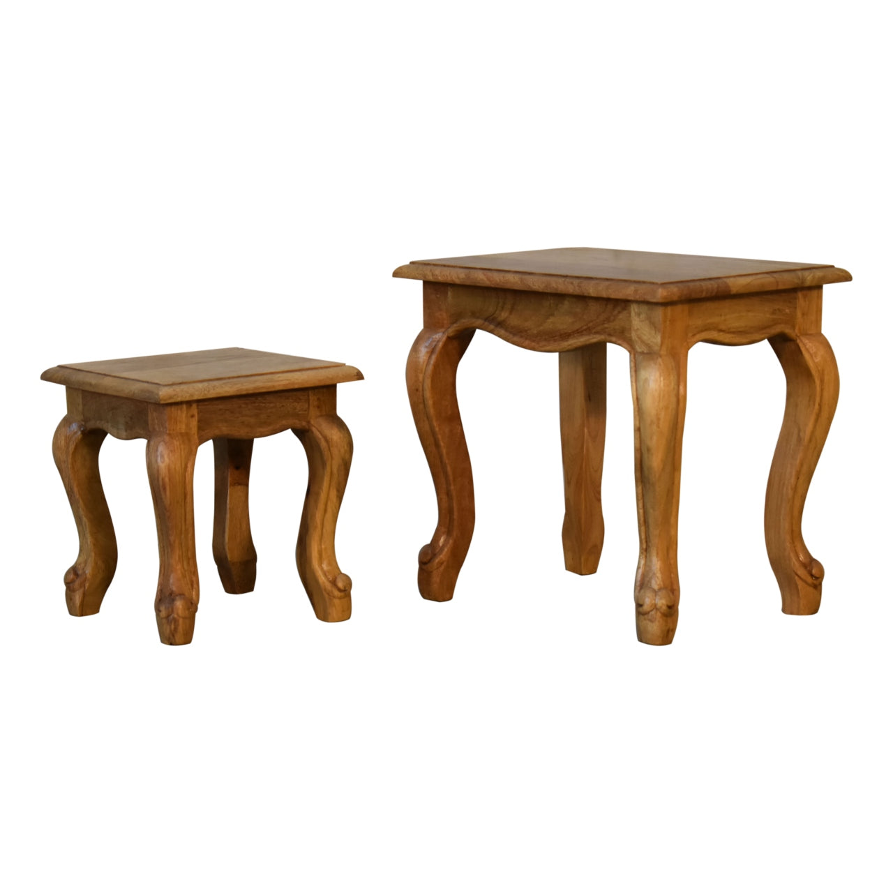 Oak-ish French Style 2 Stool Set Two Small Solid Mang Wood Tables - CasaFenix