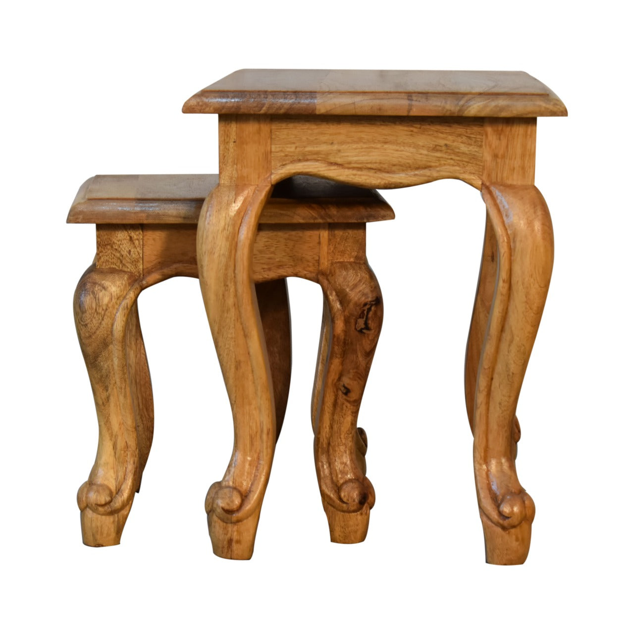 Oak-ish French Style 2 Stool Set Two Small Solid Mang Wood Tables - CasaFenix