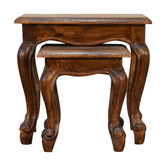 Chestnut French Style 2 Stool Set Two Small Tables Solid Mango Wood - CasaFenix