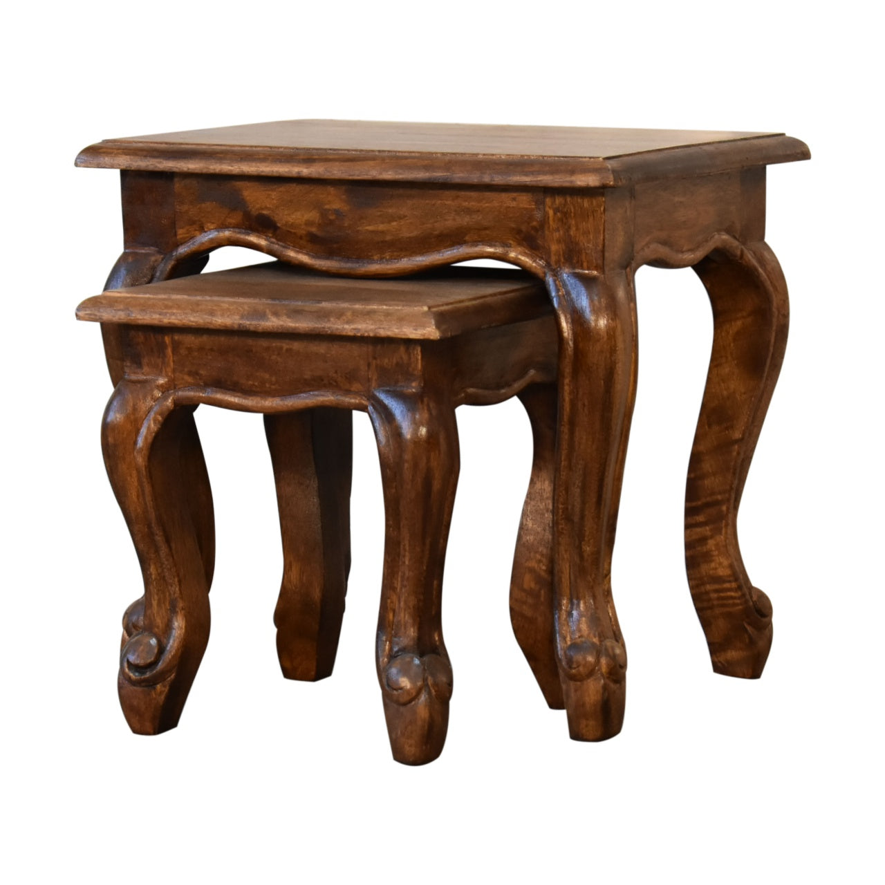 Chestnut French Style 2 Stool Set Two Small Tables Solid Mango Wood - CasaFenix