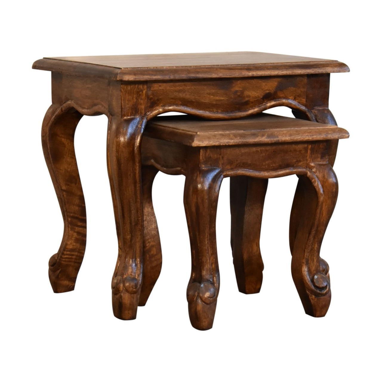 Chestnut French Style 2 Stool Set Two Small Tables Solid Mango Wood - CasaFenix