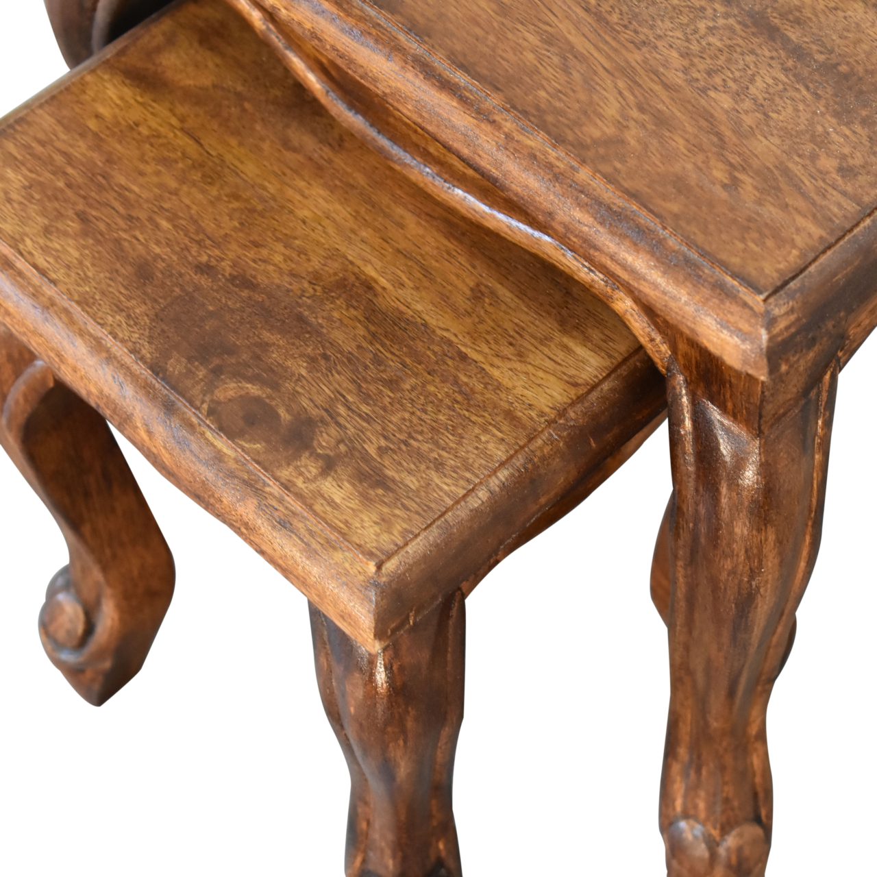 Chestnut French Style 2 Stool Set Two Small Tables Solid Mango Wood - CasaFenix