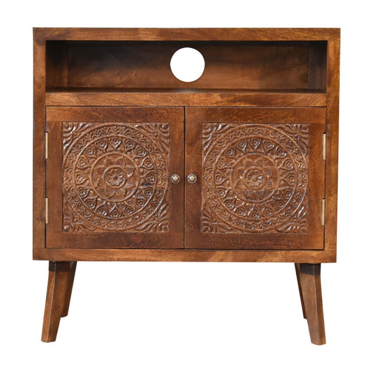 Tova Open Shelf 2 Carved Door Cabinet Solid Mango Wood in a Chestnut Finish - CasaFenix