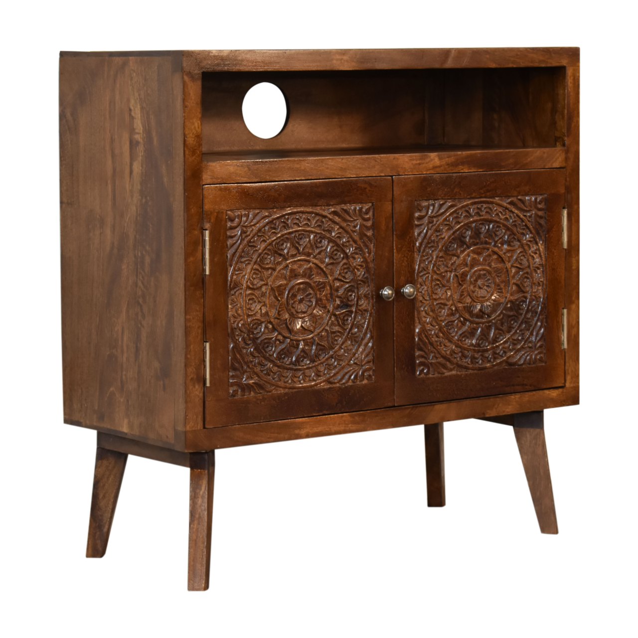 Tova Open Shelf 2 Carved Door Cabinet Solid Mango Wood in a Chestnut Finish - CasaFenix