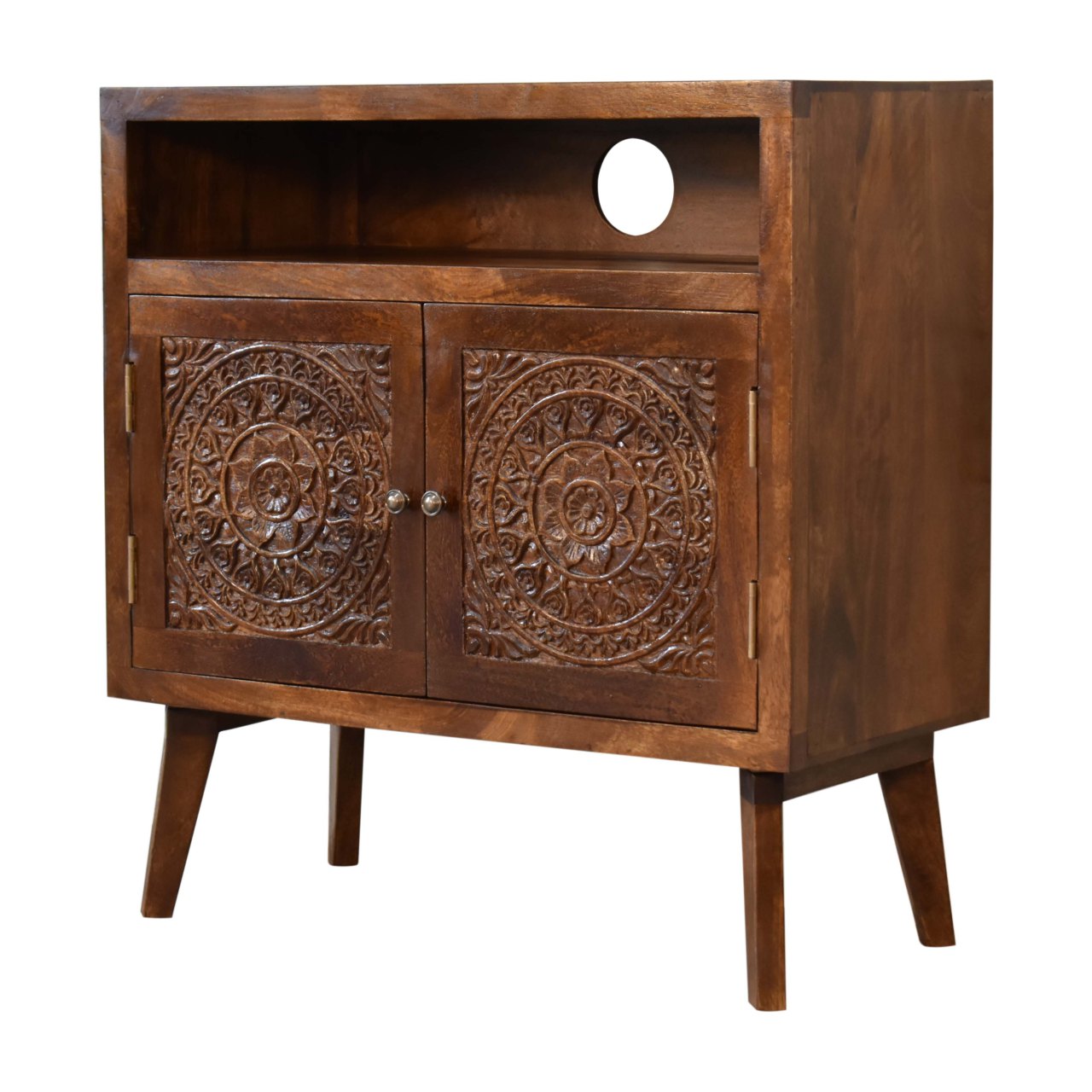 Tova Open Shelf 2 Carved Door Cabinet Solid Mango Wood in a Chestnut Finish - CasaFenix