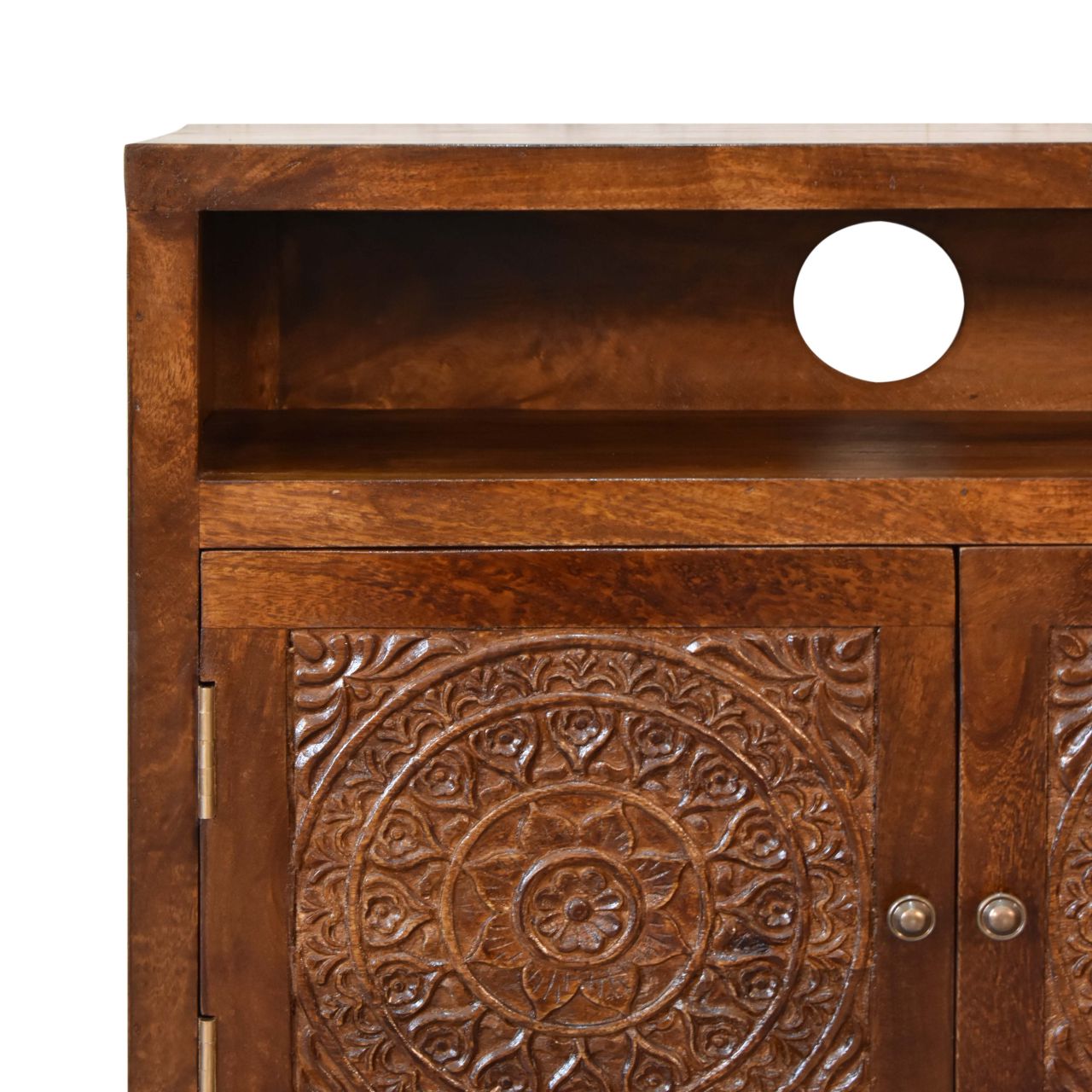 Tova Open Shelf 2 Carved Door Cabinet Solid Mango Wood in a Chestnut Finish - CasaFenix