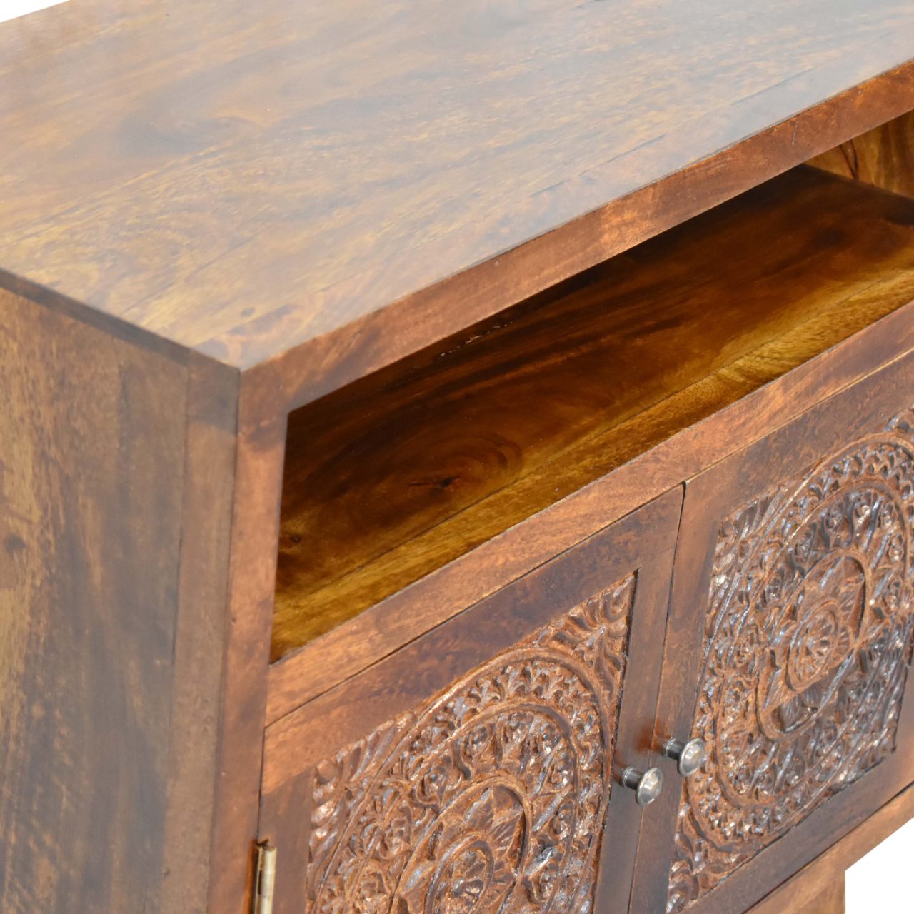 Tova Open Shelf 2 Carved Door Cabinet Solid Mango Wood in a Chestnut Finish - CasaFenix