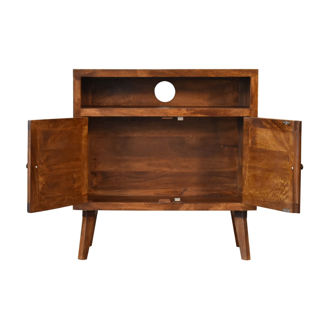 Tova Open Shelf 2 Carved Door Cabinet Solid Mango Wood in a Chestnut Finish - CasaFenix