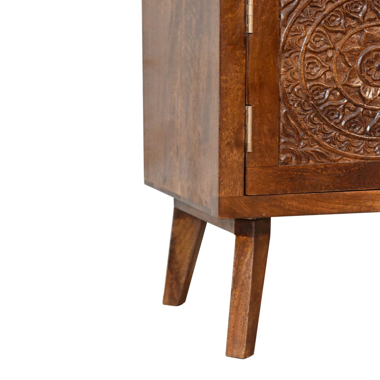 Tova Open Shelf 2 Carved Door Cabinet Solid Mango Wood in a Chestnut Finish - CasaFenix