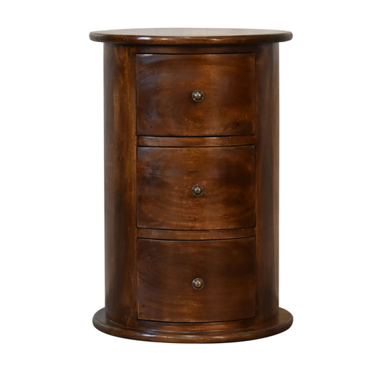 Chestnut Finish Over Solid Mango Wood 3 Drawer Drum Chest Bedside table - CasaFenix