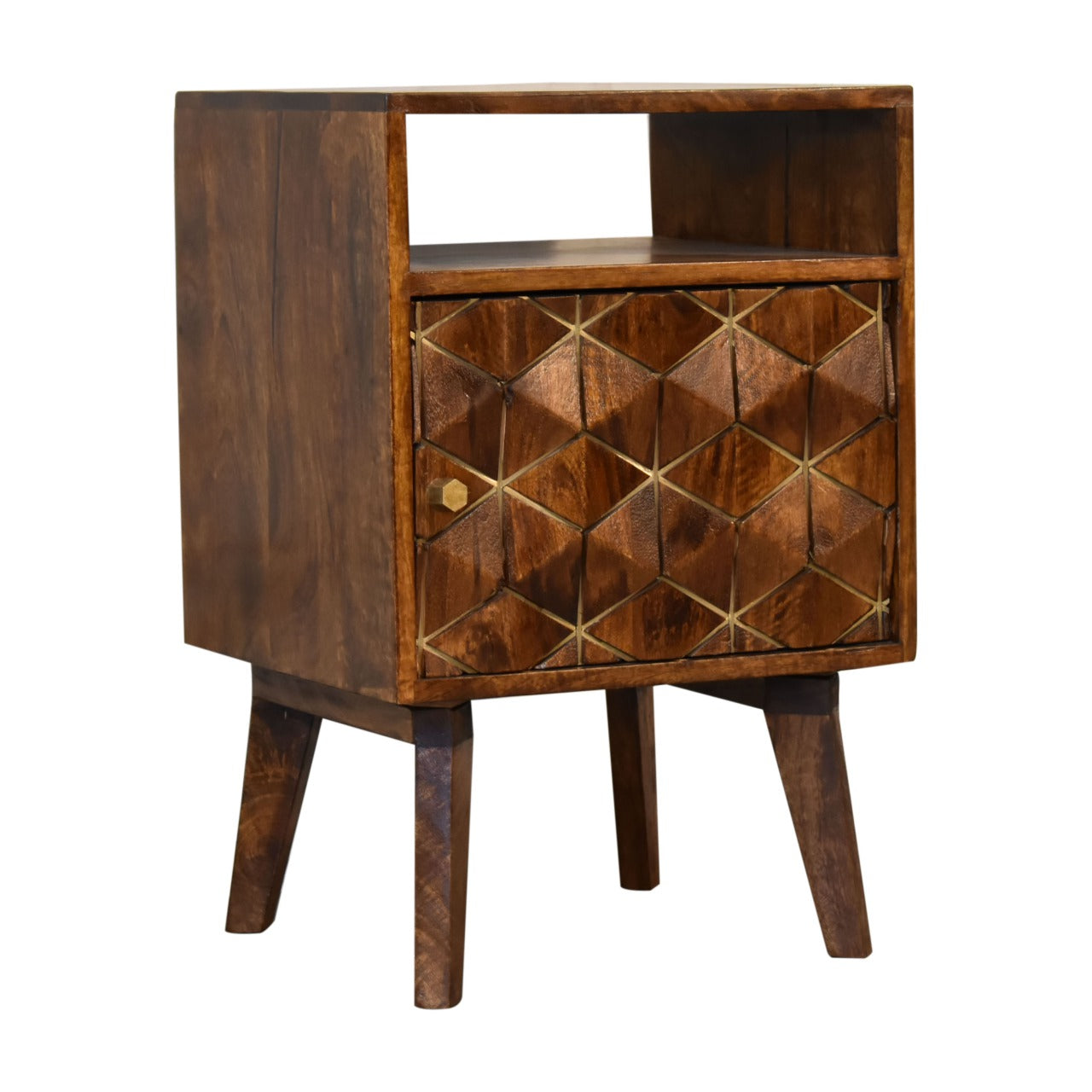 Samara 1 Door Bedside Table Chestnut Finish over Solid Mango Wood Bedside Cupboard - CasaFenix