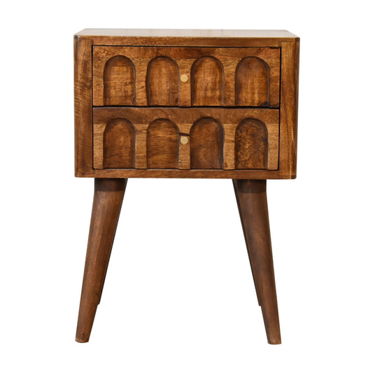 Chestnut Carved Arch Bedside Table 2 Drawer Chest made with Mango Wood - CasaFenix