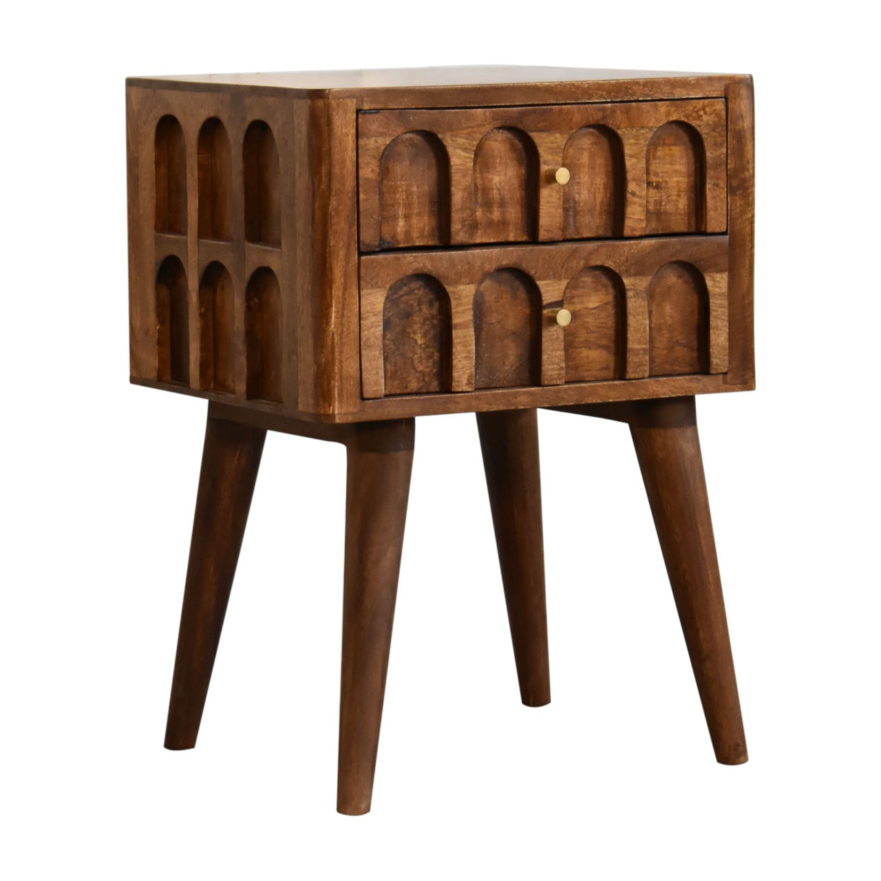 Chestnut Carved Arch Bedside Table 2 Drawer Chest made with Mango Wood - CasaFenix