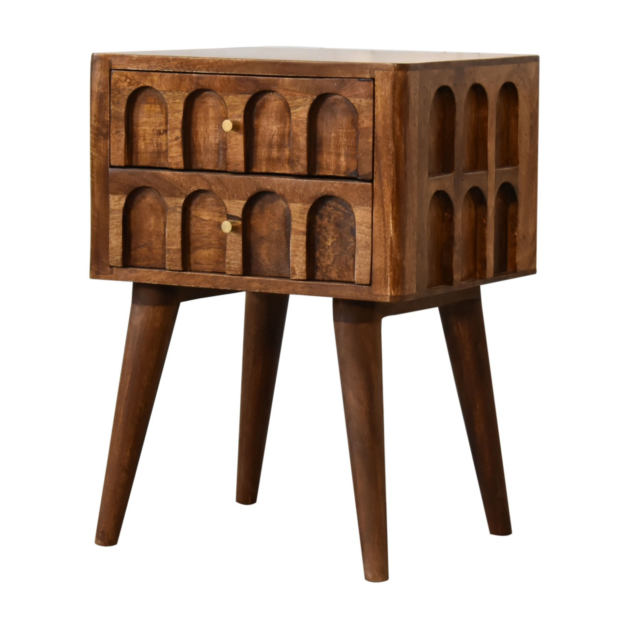 Chestnut Carved Arch Bedside Table 2 Drawer Chest made with Mango Wood - CasaFenix