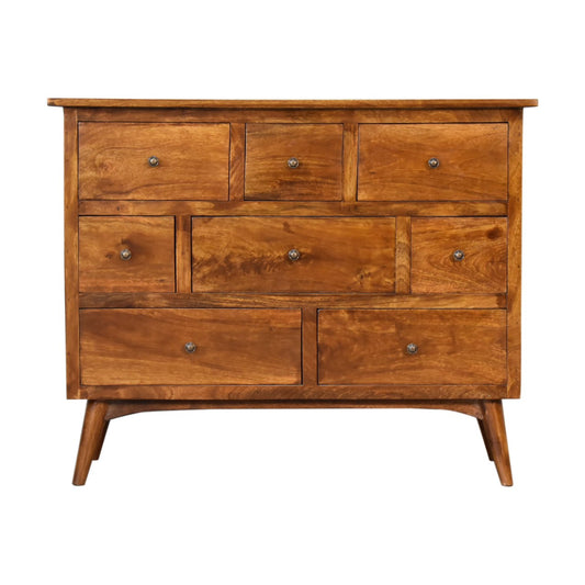 Chestnut Finish over Solid Wood 8 Drawer Chest Various Shaped Drawers - CasaFenix