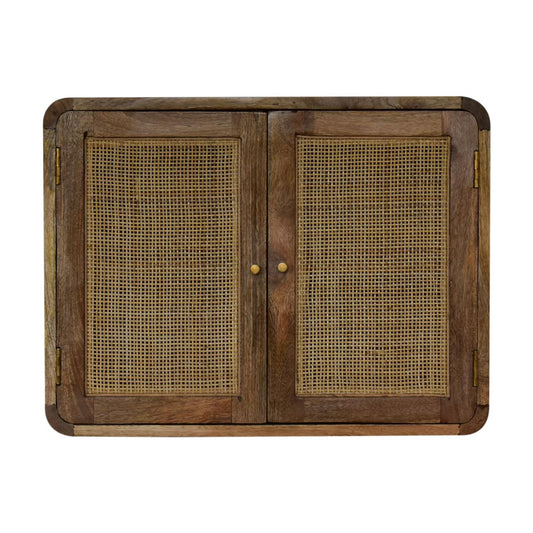 Grey Washed Wall Mounted Woven Rattan Cabinet 2 Door Solid Mango Wood - CasaFenix