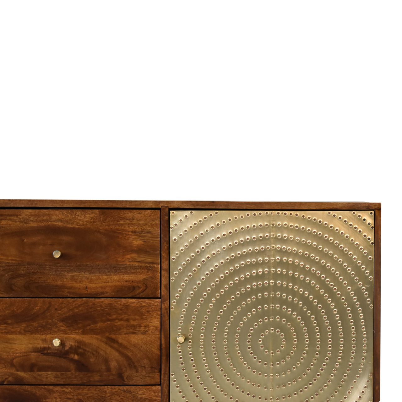 Zen Sideboard 2 Brass Metal Fronted Doors 3 Drawers Chestnut Finish - CasaFenix