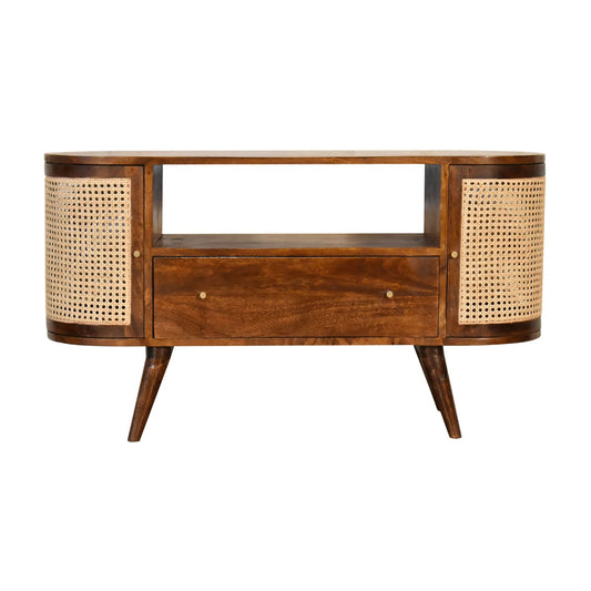 Chestnut Woven Media Unit Small TV Stand Rattan and Chestnut Finished Mango Wood - CasaFenix