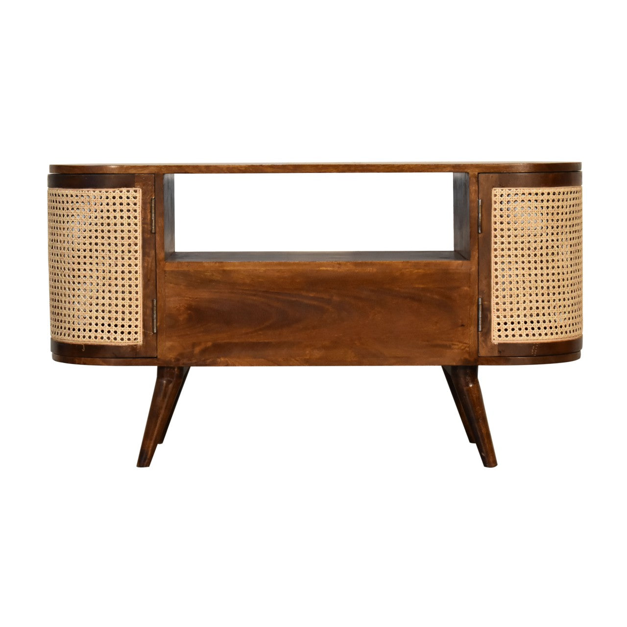 Chestnut Woven Media Unit Small TV Stand Rattan and Chestnut Finished Mango Wood - CasaFenix