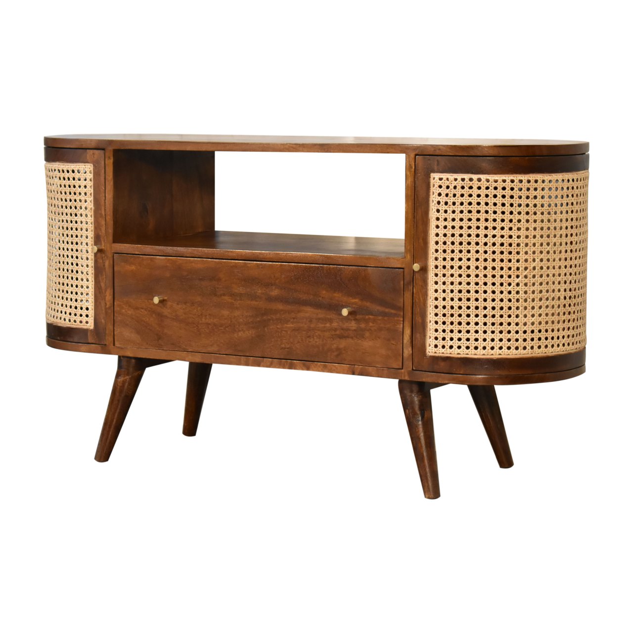 Chestnut Woven Media Unit Small TV Stand Rattan and Chestnut Finished Mango Wood - CasaFenix