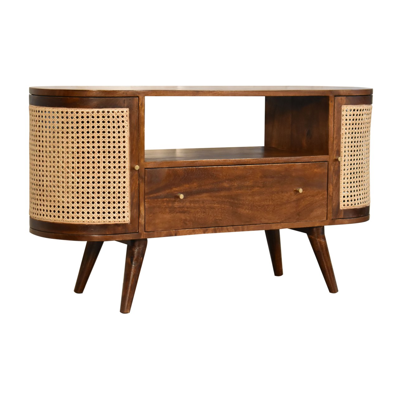 Chestnut Woven Media Unit Small TV Stand Rattan and Chestnut Finished Mango Wood - CasaFenix