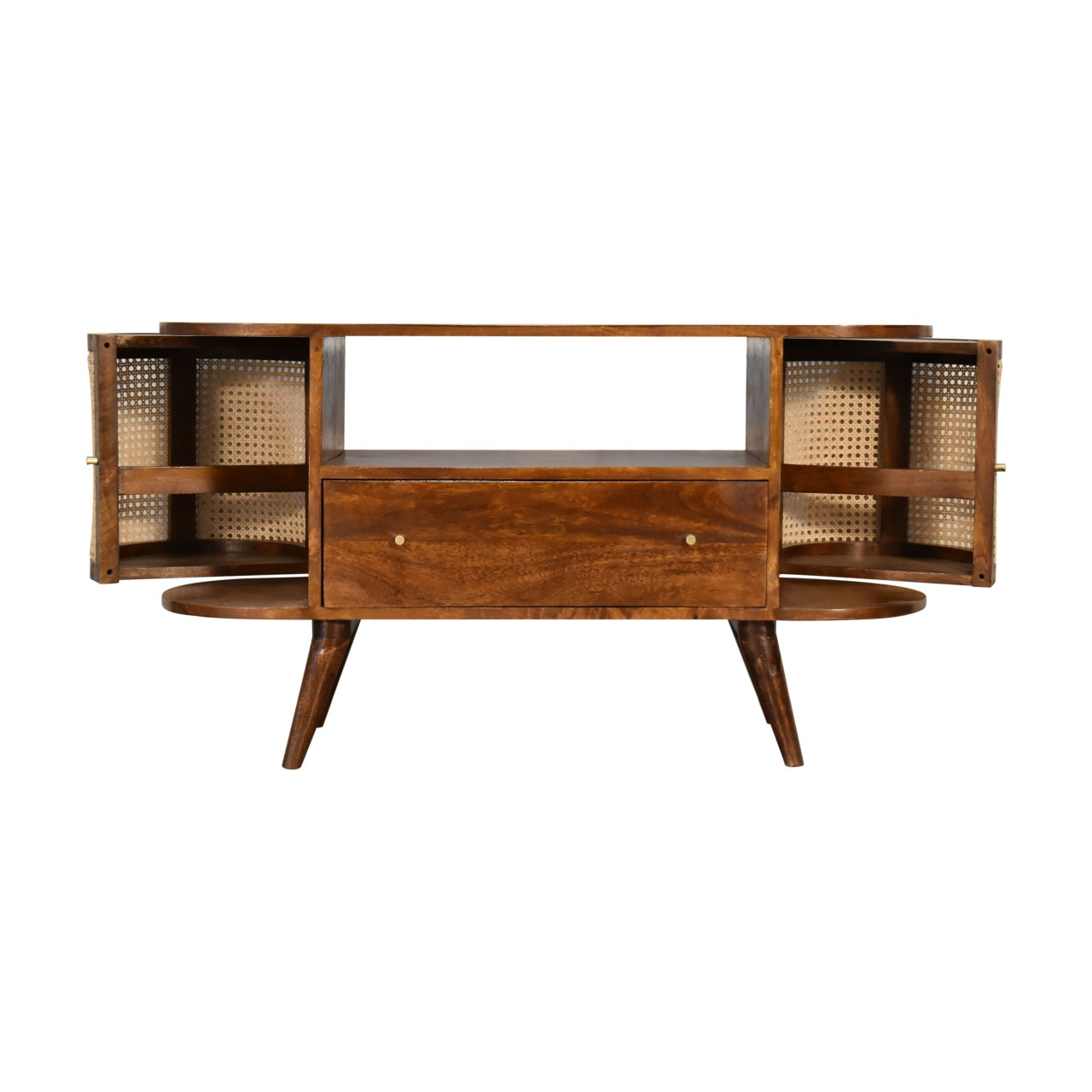 Chestnut Woven Media Unit Small TV Stand Rattan and Chestnut Finished Mango Wood - CasaFenix