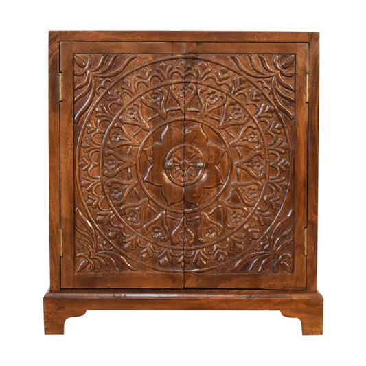 Tova Carved 2 Door Cabinet Chestnut Finish over Solid Mango Wood - CasaFenix