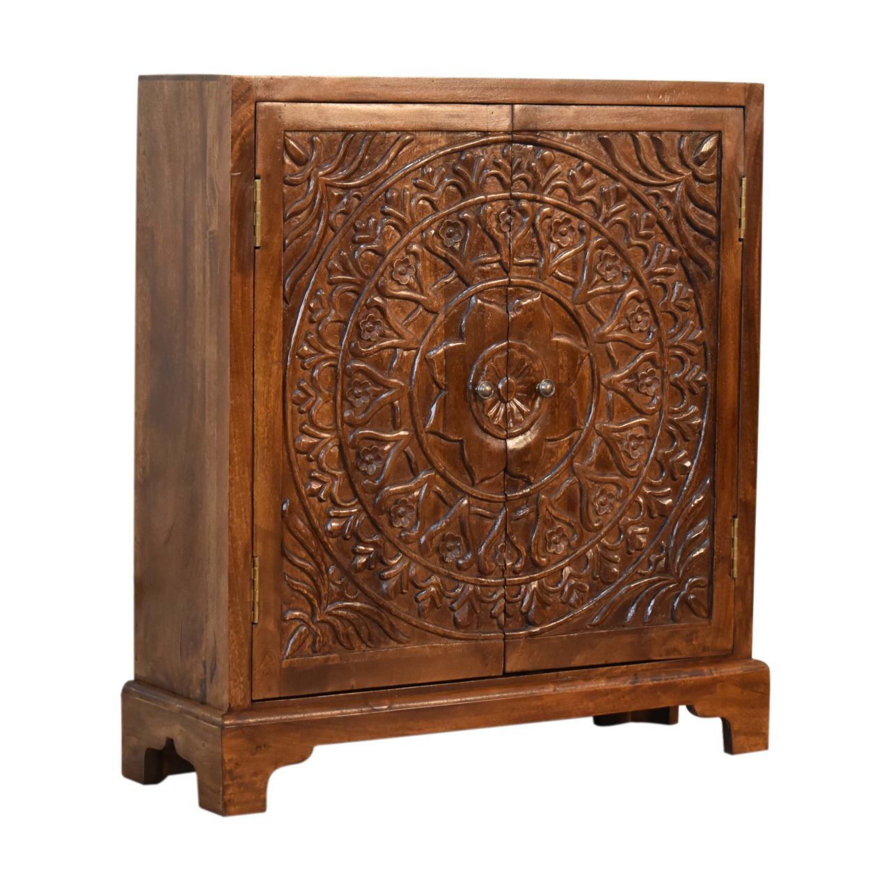 Tova Carved 2 Door Cabinet Chestnut Finish over Solid Mango Wood - CasaFenix