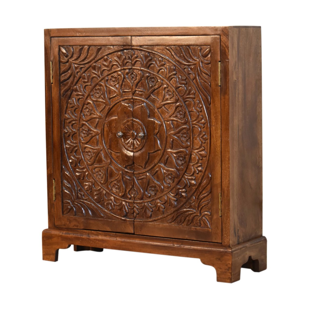 Tova Carved 2 Door Cabinet Chestnut Finish over Solid Mango Wood - CasaFenix